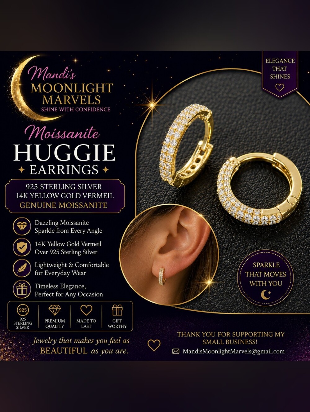 Mandi's Moonlight Marvels Gold Moissanite Huggie Earrings